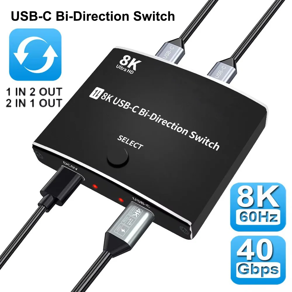 Commutateur bidirectionnel 8K 1x2 2x1, port d'affichage 4K 120Hz/8K60Hz, adaptateur séparateur Audio Thunderbolt 4, commutateur vidéo USB 3.1 PD
