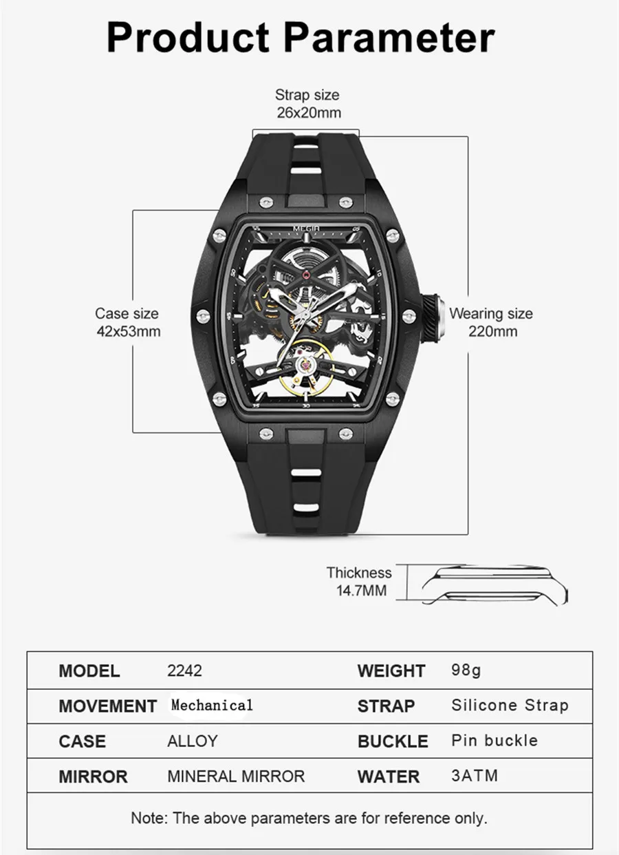 MEGIR Original Fashion Men Watches Automatic Mechanical Steel Case Sport Skeleton Wristwatch Waterproof Clock Reloj Hombre 2242