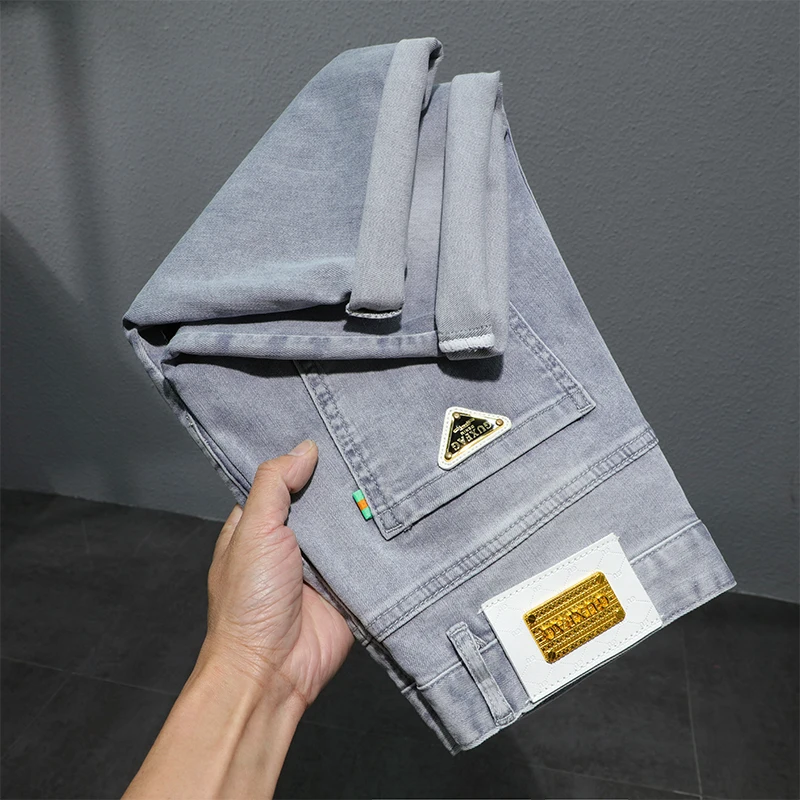 

Summer Thin Light Gray Stretch Denim Shorts Men's Fashion Brand Loose Straight Ruffle Handsome Street Casual Cropped Pants