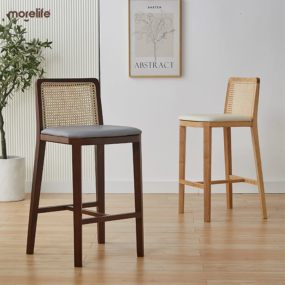 Massief Hout Rotan Geweven Barstoelen Moderne Minimalistische Receptie Hoge Krukken Nordic Creatief Aanrechtblad Meubilair