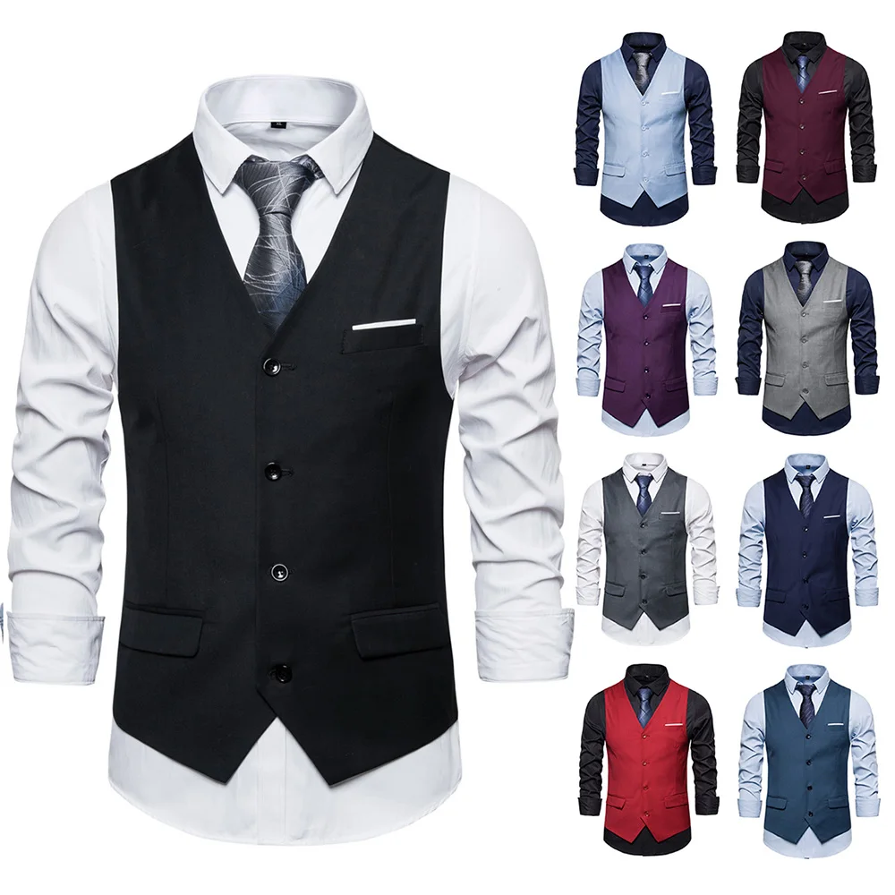 

Summer Men's Vest New Fashion V-Neck Solid Color Sleeveless Top Single Breasted Suit Slim Fit Business Casual Wedding Waistcoat