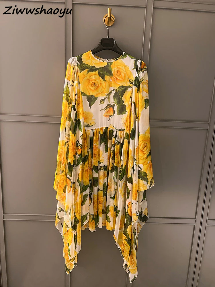 

High Quality Summer Women Fashion Runway Designer Batwing Sleeve Yellow Ditsy Floral Printed Loose Holiday Silk Dresses