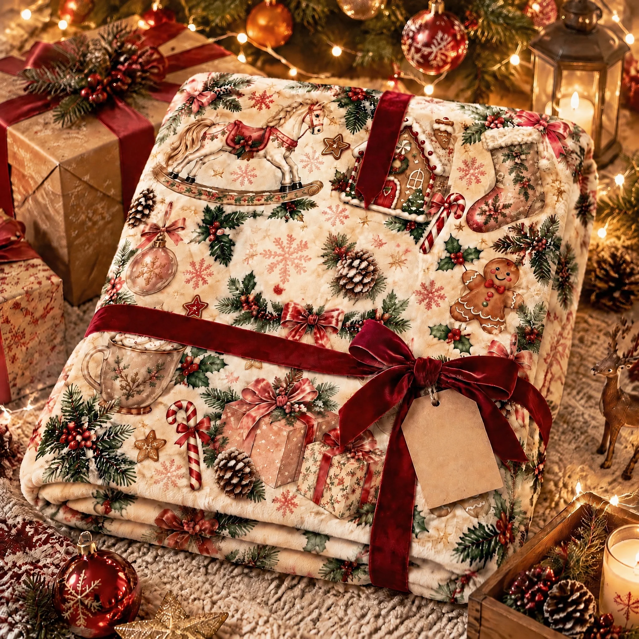 Personalized Christmas Throw Blanket, Custom Name Winter Blanket with Bow & Candy Cane Prints, Cream Tone Holiday Home Decor, Unique Warm Gift for Family Friends