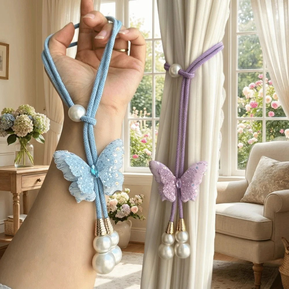 2PCS Adjustable Butterfly Curtain Tie Strap Artificial Pearl Creative Curtain Rope Decorative Curtain Tie Back Home Decor