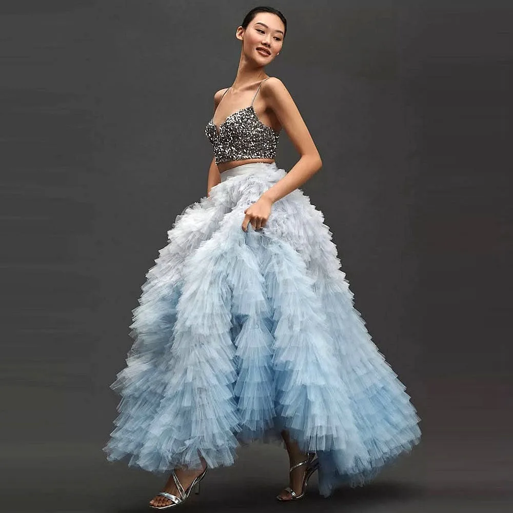 

Blue Tiered Long Bridal Tulle Skirts Ball Gown High Waist Ruched Women Custom Tutu Birthday Skirt Without Top