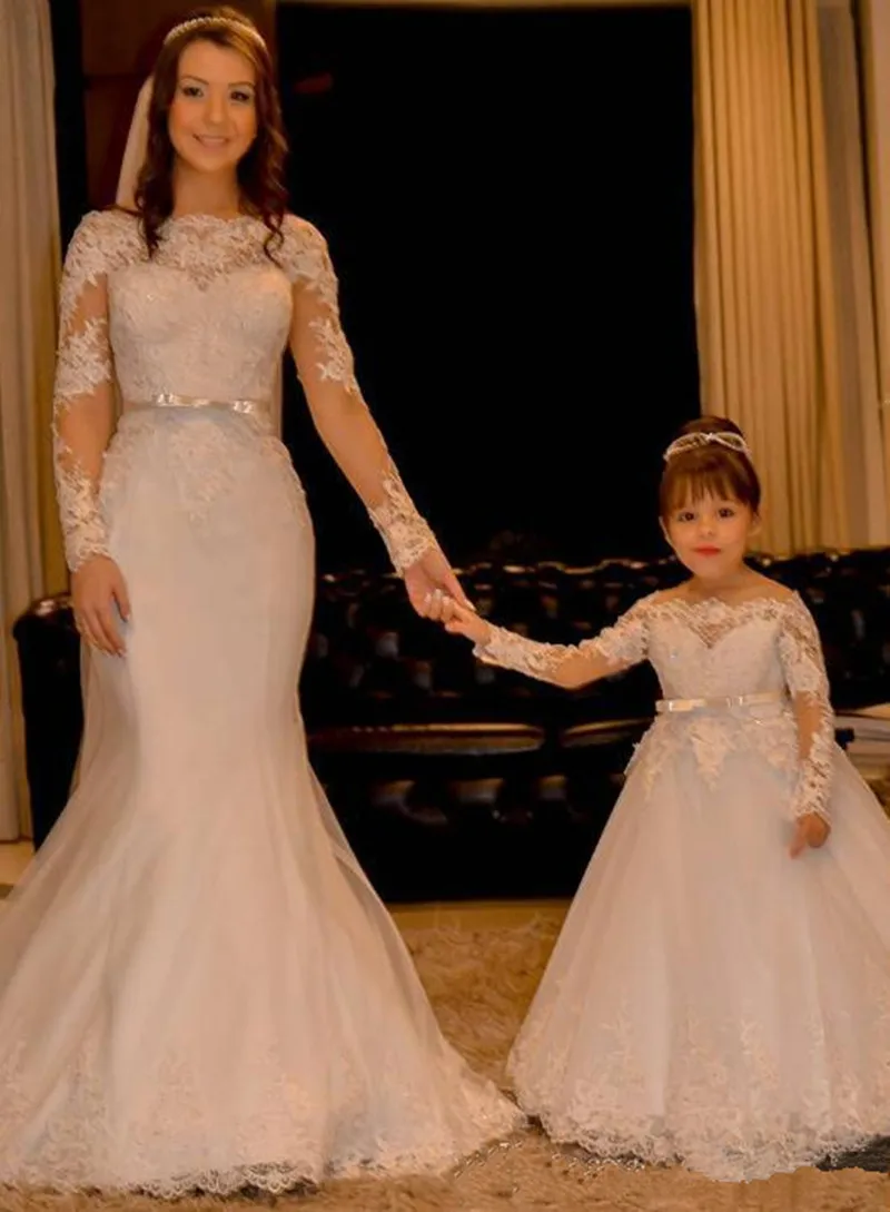 Flower Girl Dresses White Long-sleeved Tulle Lace PrintingWedding Birthday Party Banquet Princess First Communion Gowns