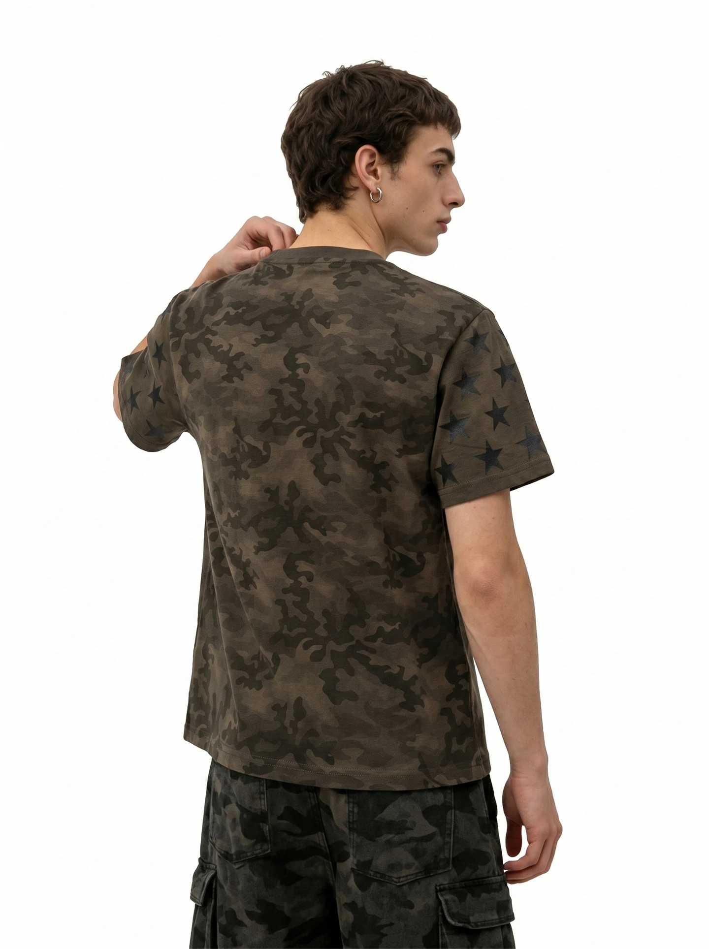 BETEBULE American High Street Gold Stamp Print Camouflage Short Sleeve Loose Men's T-shirt Summer Trend Streetwear Top