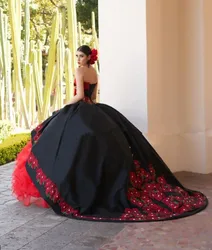 Black Charro Quinceanera Dresses Ball Gown Sweetheart Appliques Beaded Mexican Sweet 16 Dresses 15 Anos