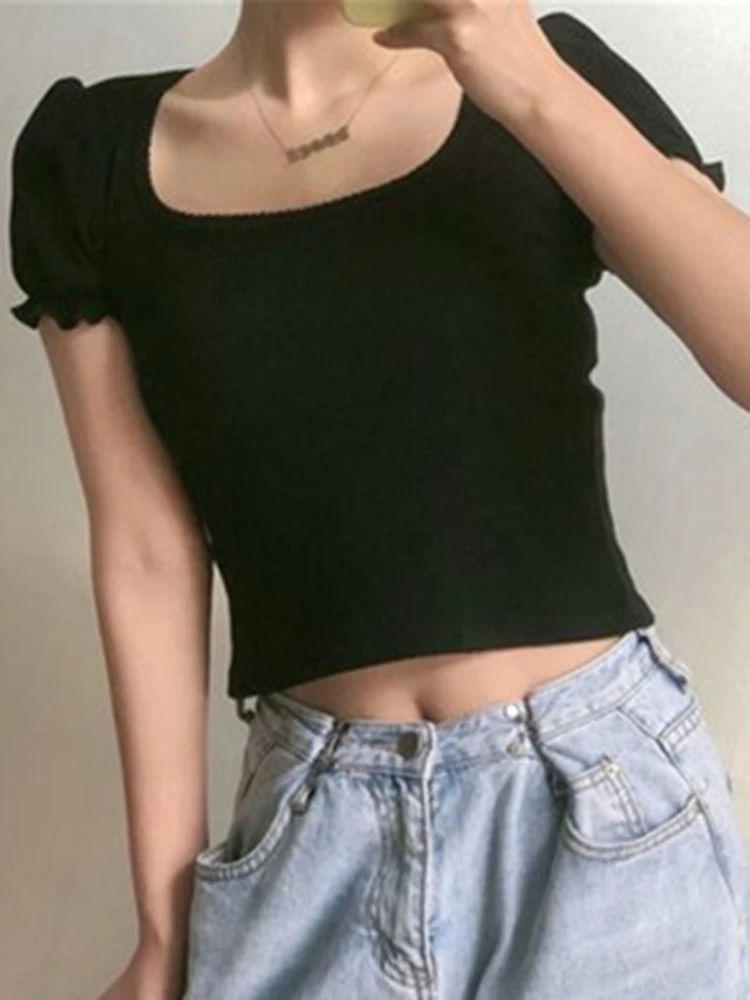 Women Vintage Brown Cotton Slim T-Shirts Sweet Solid Square Collar Short Sleeve Y2k Tops Chic Summer Cute Lace Crop Top Women