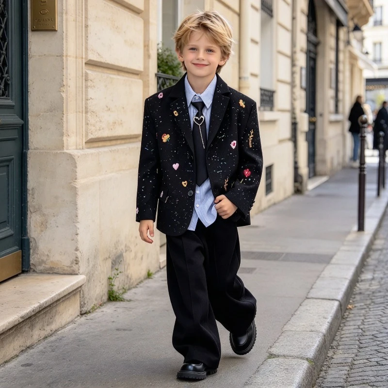 Boys Suit Set 2 Piece Kids Black Starry Embroidery Blazer Wide Leg Pants Teen Children Preppy Formal Outfit Spring Autumn 2-14Y