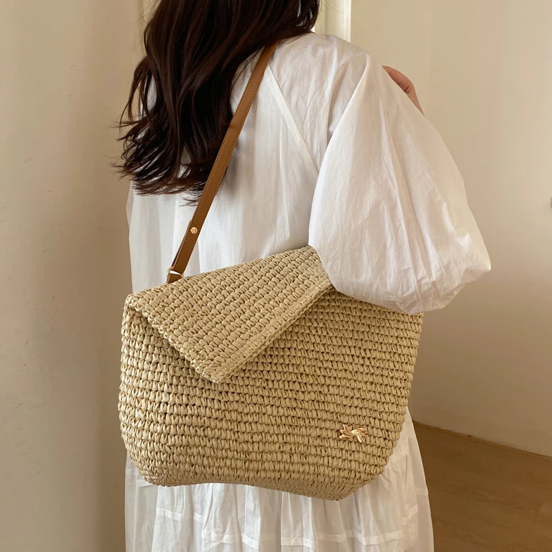 

Summer Fashion Straw Woven Tote Bag for Women Leather Strap Casual Vacation Shoulder Bag Large Capacity Youth Beach Handbag