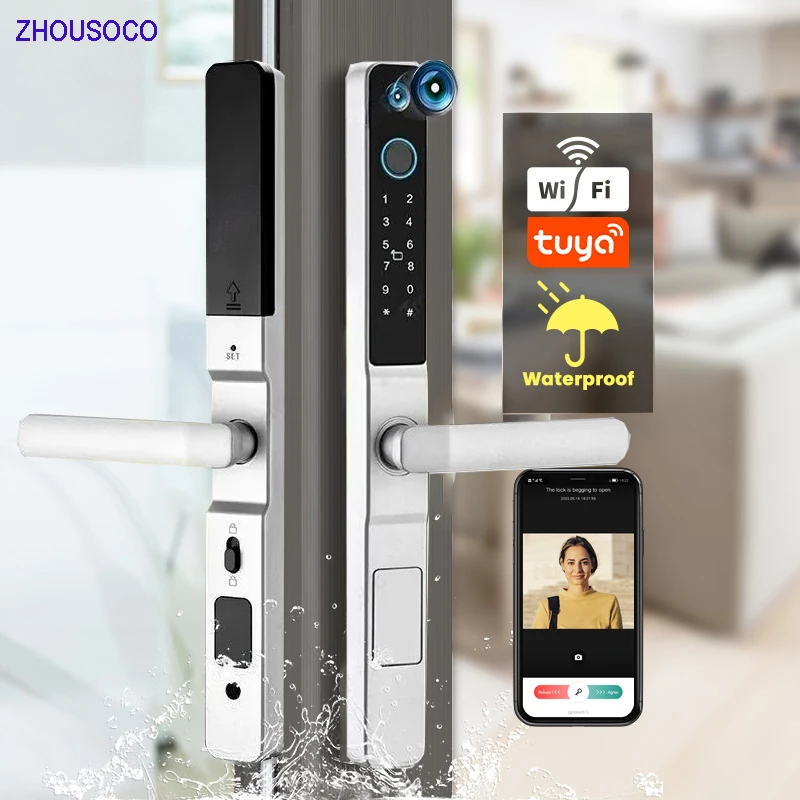 TUYA WIFI Waterproof Aluminum Door Lock with Camera Fingerprint APP Card Code Keyless Electronic Smart Lock for Glass Sliding