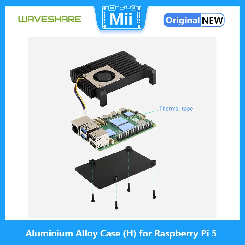 Waveshare Aluminium Alloy Case (H) for Raspberry Pi 5, With Temperature-Controlled Blower Fan for Raspberry Pi 5