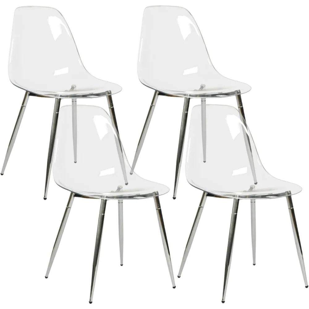 Acrylic Guest Crystal Seat, Modern Plastic Side Chairs Legs for Kitchen, Dining, Living, Bedroom, Set of 4, Transparent + Silver