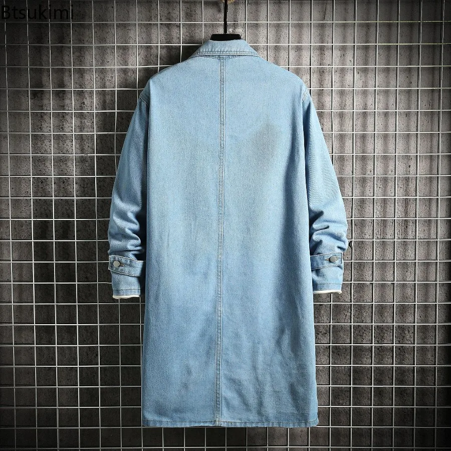 Men's Autumn Denim Jackets Loose Mid-Length Denim Casual Coat Turn-Down Collar Trenchcoat Korean Style Fashion Outerwear Male