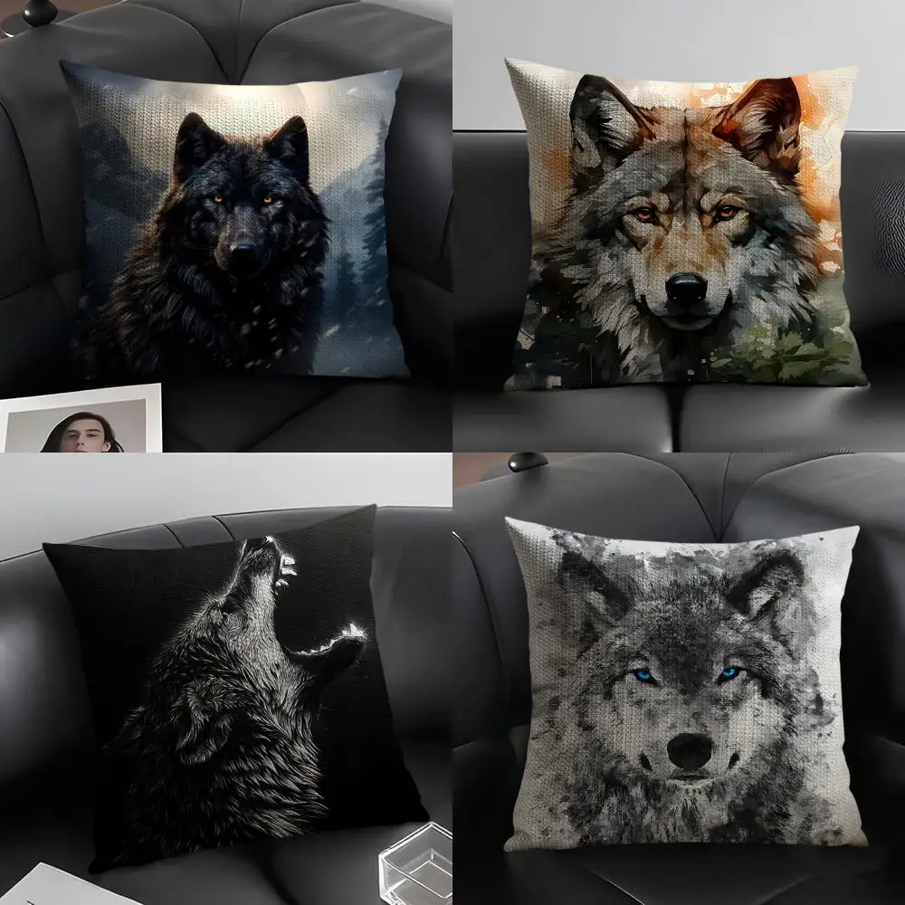 

Black Wolf Wild Animals Cushion Cover Natural Linen Organic Fabric Double-Sided Printing Breathable Perfect Gift for Decor
