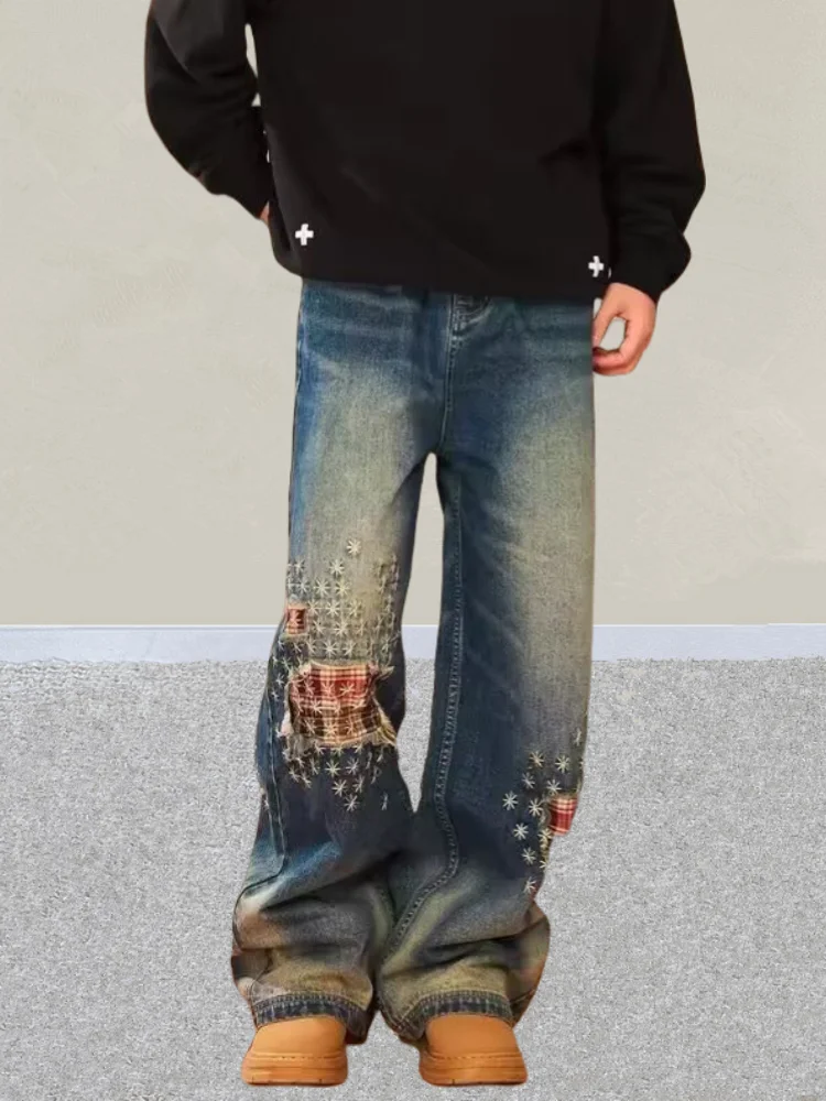 2025 Ropa Y2K Streetwearลายสก๊อตPatchwork Baggyซ้อนกางเกงยีนส์กางเกงสําหรับชายเสื้อผ้าตรงกางเกงยีนส์สีฟ้าPantaloni Uomo