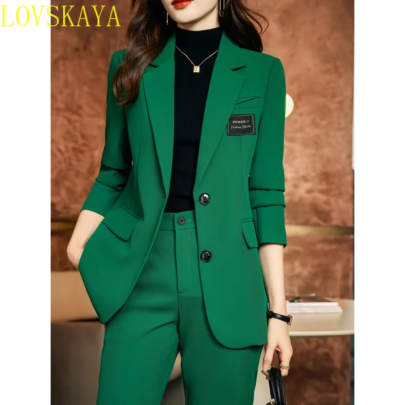 Women Pant Suit Office Ladies Coffee Green Black Single Breasted Straight Blazer and Trouser Female Business Work 2 Piece Set