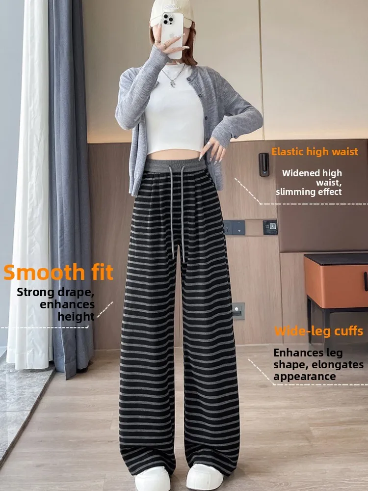 Retro gestreepte gebreide broek met wijde pijpen, dames casual lente herfst, elastische hoge taille, afslankend, lui, draperend, losvallend