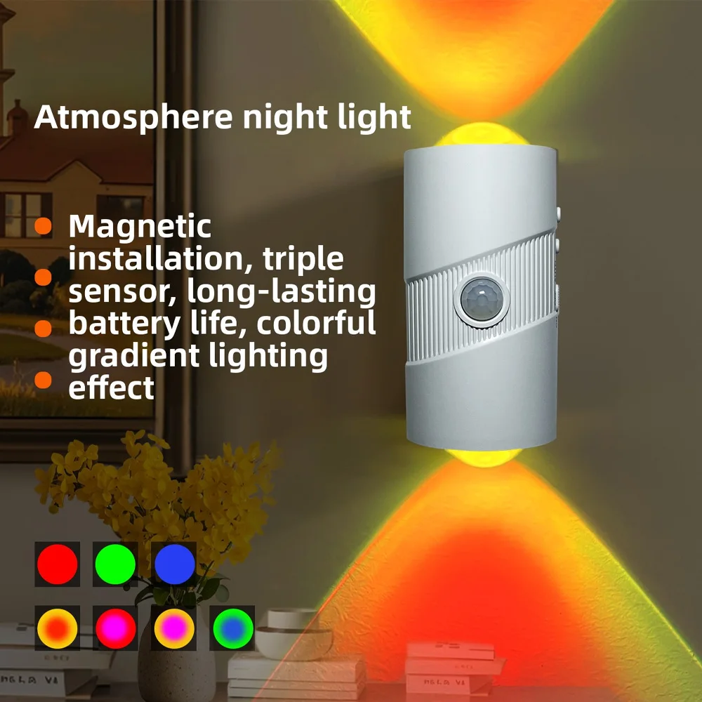 RGB Gradient LED Night Light with Motion Sensor Wall Lamp Rechargeable Ambient Lights Dimmable Indoor Lights Magnetic Step Lamps
