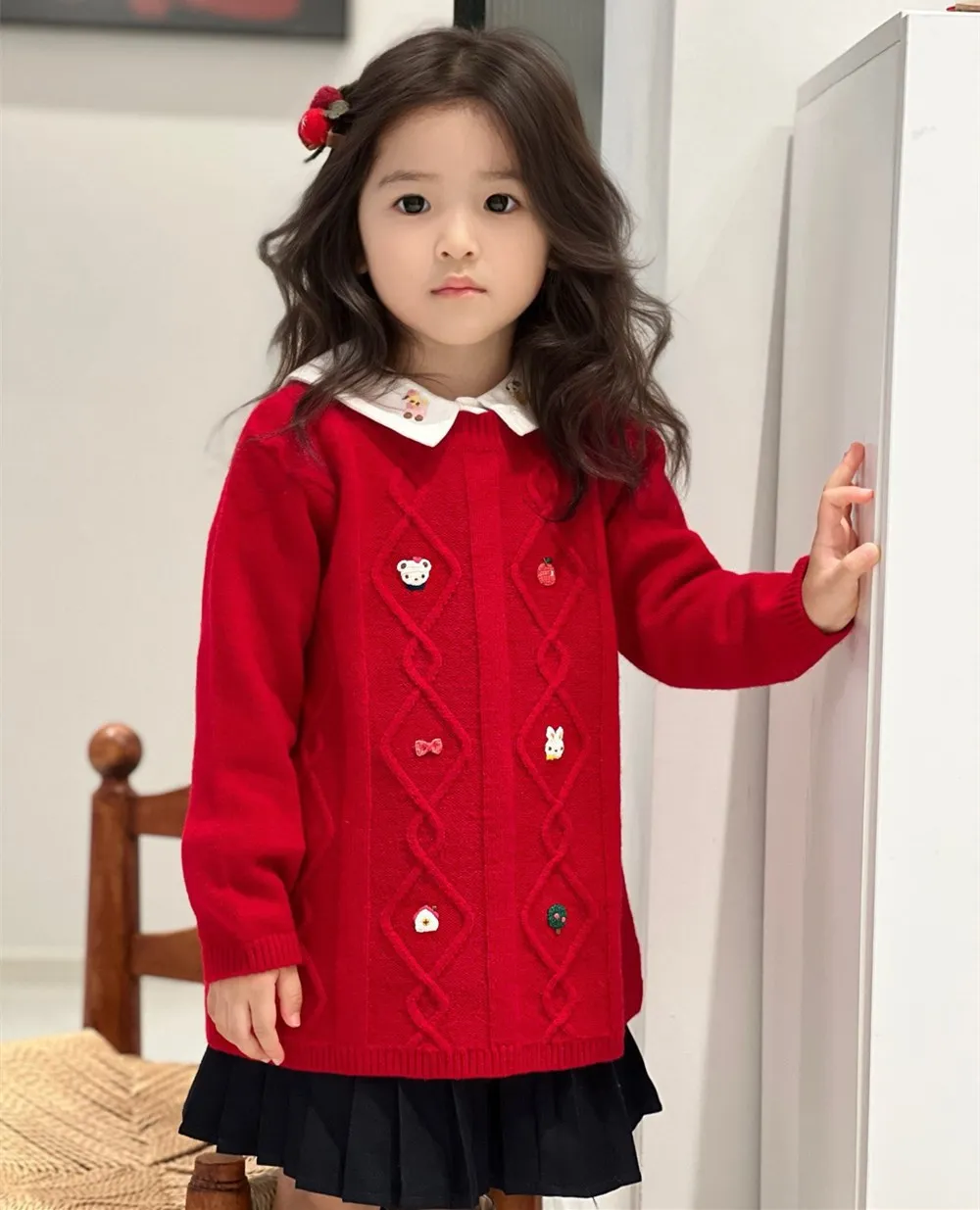 

autumn winter sweaters kids girls clothes girls tops Cartoon pattern embroidered red sweater Knitted pullover sweater
