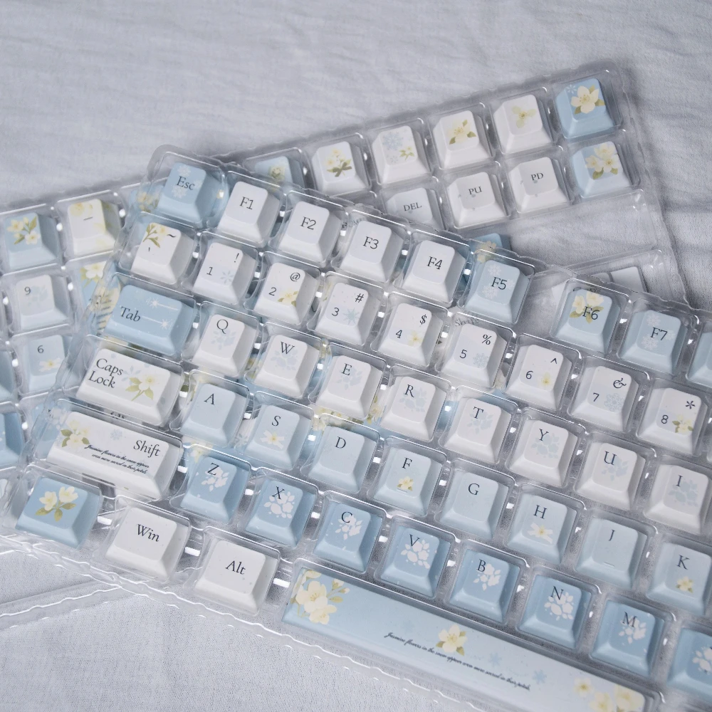 Jasmine Theme Keycap Cherry Profile PBT Five Sided Thermal Sublimation Light Blue Aesthetic Keycaps for Mechanical Keyboard