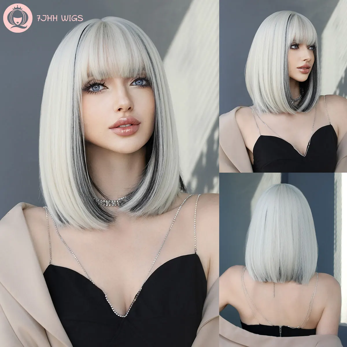 

7JHH WIGS Highlight Black Bob Wig for Woman Daily Cosplay Synthetic Hair Wig with Bangs Heat Resistant Short Straight Lolita Wig