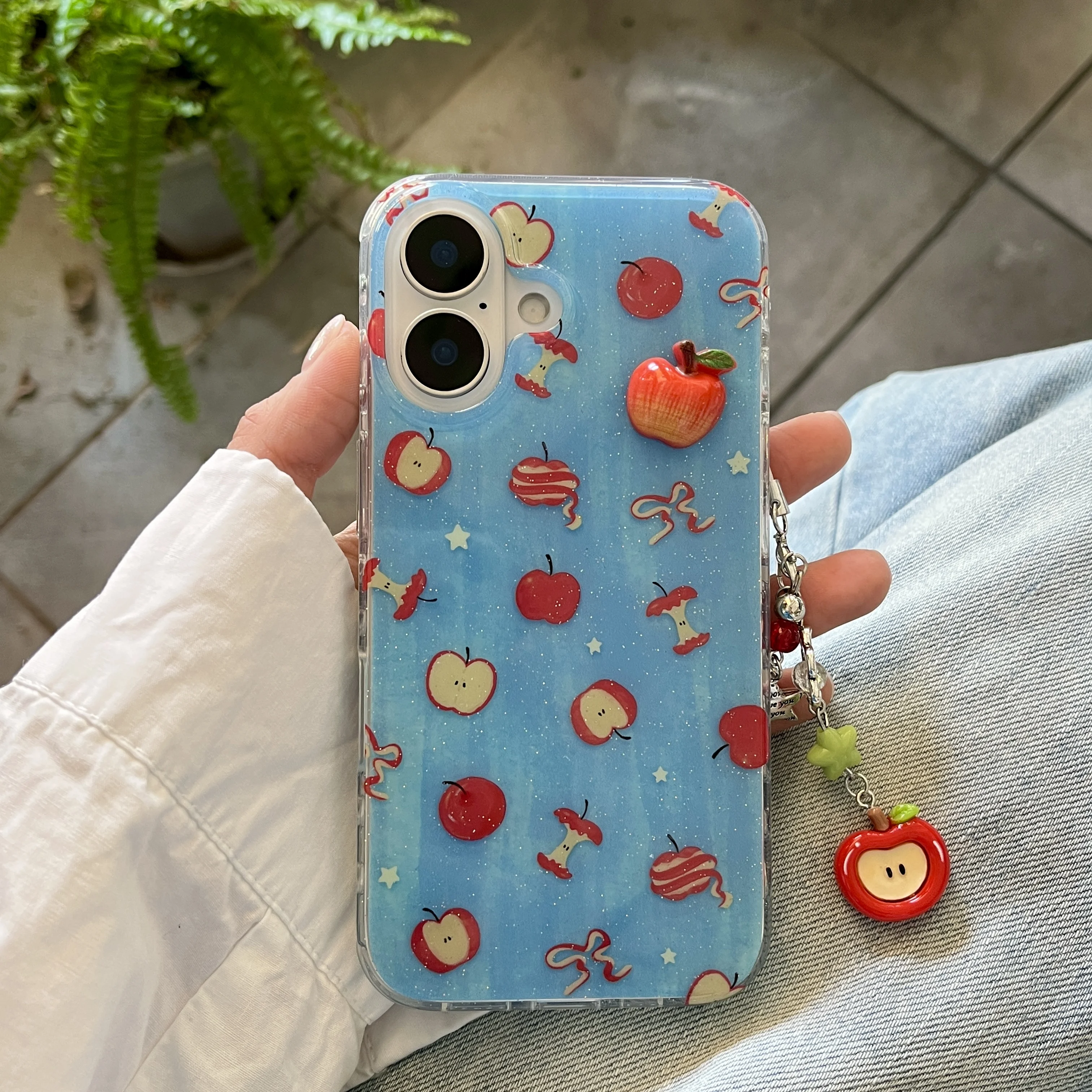 Funda de teléfono con colgante de Apple 3D de pantalla completa azul brillante Ins para iPhone 16 15 14 13 Pro Max Funda trasera