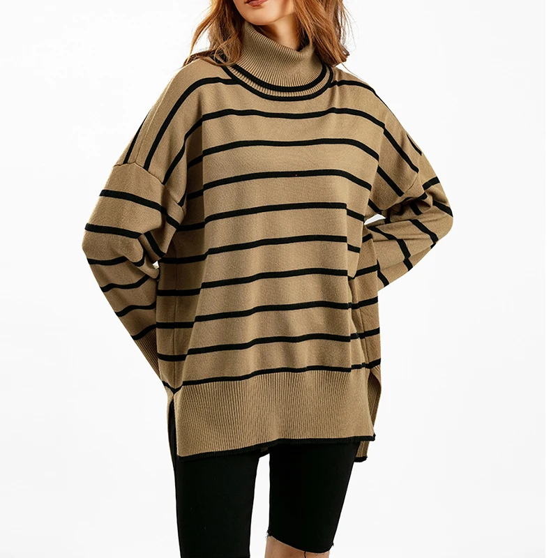 Winter Turtleneck Stripe Warm Soft Sweater Women Pullovers Loose Casual Autumn Knit Pullover Sweater Female OverSized Jumper