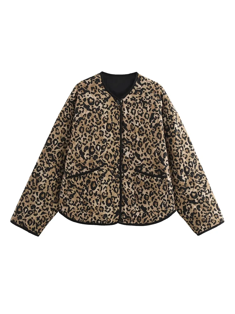 TRAF 2024 Autumn New Women Leopard Print Animal Print Cotton Jacket Coat Fashion temperament Versatile lightweight Outwear