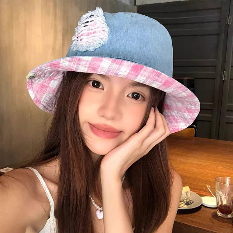 

Korean Fashion Hole Design Denim Bucket Hats for Women Summer Travel Sunscreen Double-sided Can Be Worn Casual Basin Cap