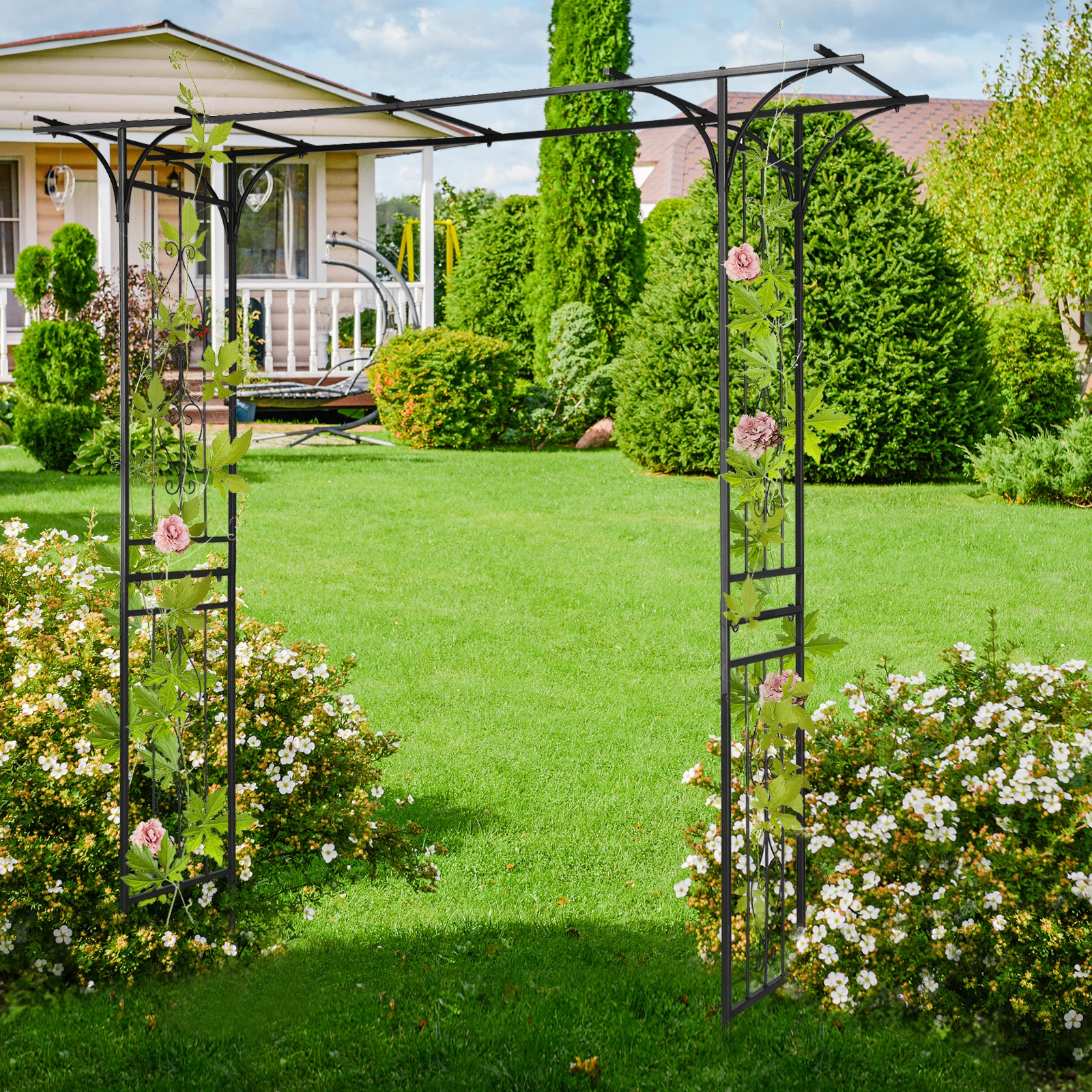 Arco de hierro negro con revestimiento en polvo para patio trasero o jardín, Tubo plano superior de 16mm, 206x41x216cm