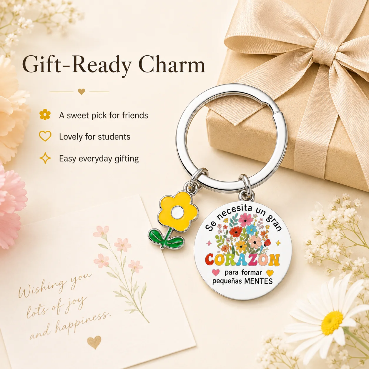 Spanish Teacher Keychain, Round Metal Key Ring with Yellow Flower Charm, Appreciation Gift for Teachers, Bag Car Accessory