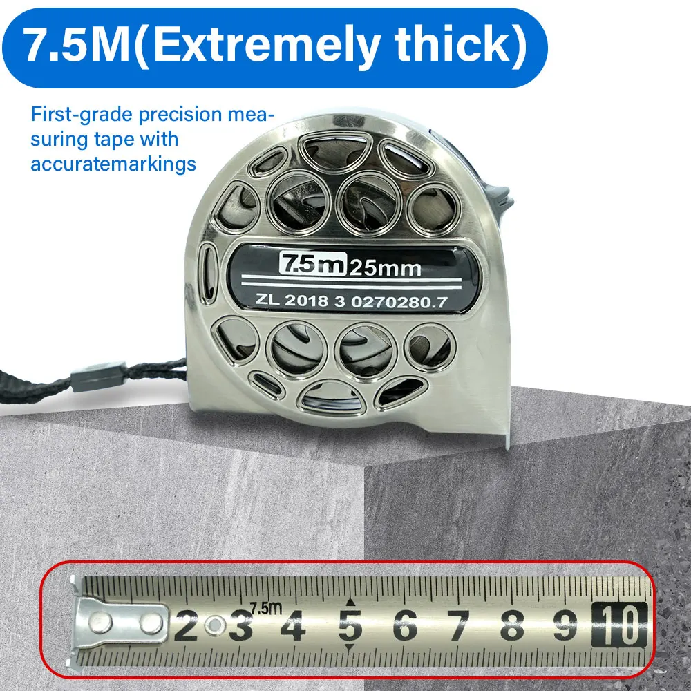 7.5m X 25mm Metric Tape Measure Stainless Steel Anti-corrosion Retractable Metric Ruler Hollow Design Woodworking Measuring Tool