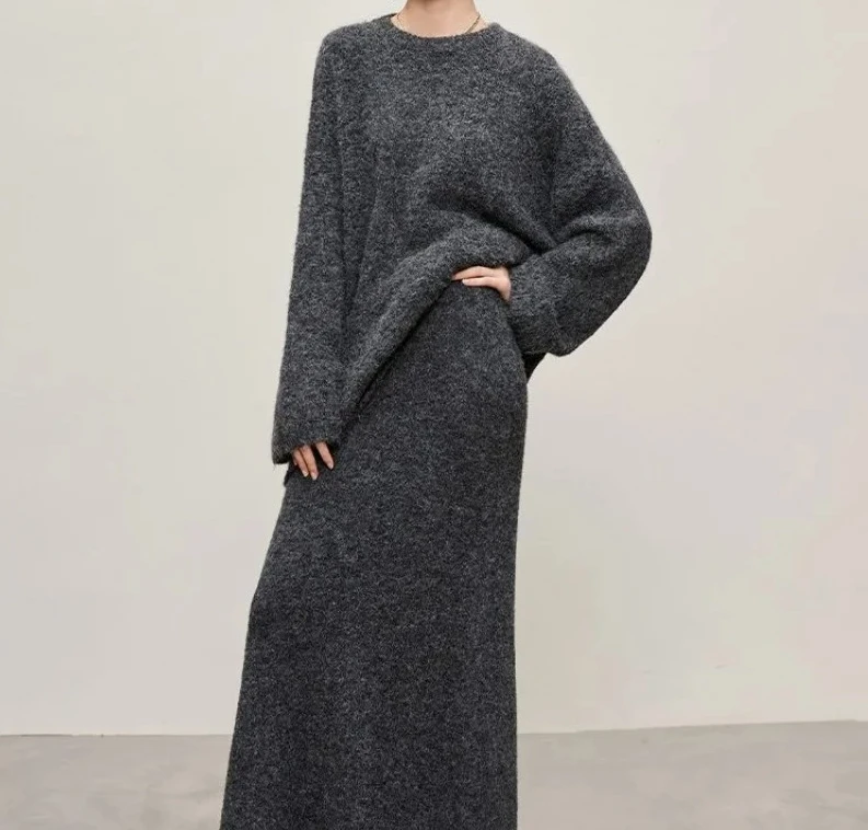 

Korean Version Long Skirt Set, Loose And Lazy Stylehick Knit Sweater Half Skirt Winter Fashion, Relaxed Sweater Skirt