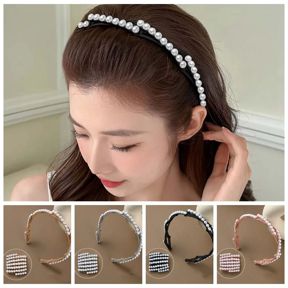 Wash Face Forsted Foldable Pearl Headband Plastic Small Retractable Hair Hoop Gray Korean Style Portable Hair Band Women