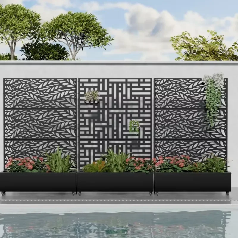 Customize Metal Trellis with Planter Box Metal Privacy Screen with Planter Box for Deck Patio & Balcony & Garden Black