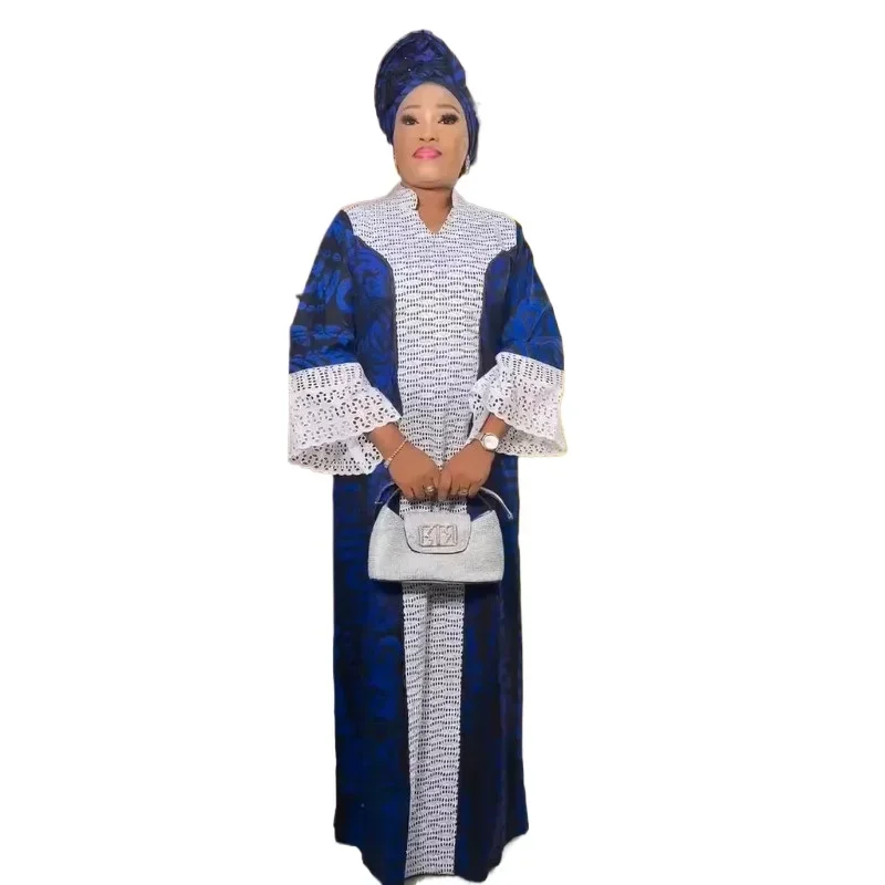 

With Headtie 2024 African Dresses for Women Muslim Lace Boubou Dashiki Traditional Africa Clothes Ankara Outfit Evening Gowns