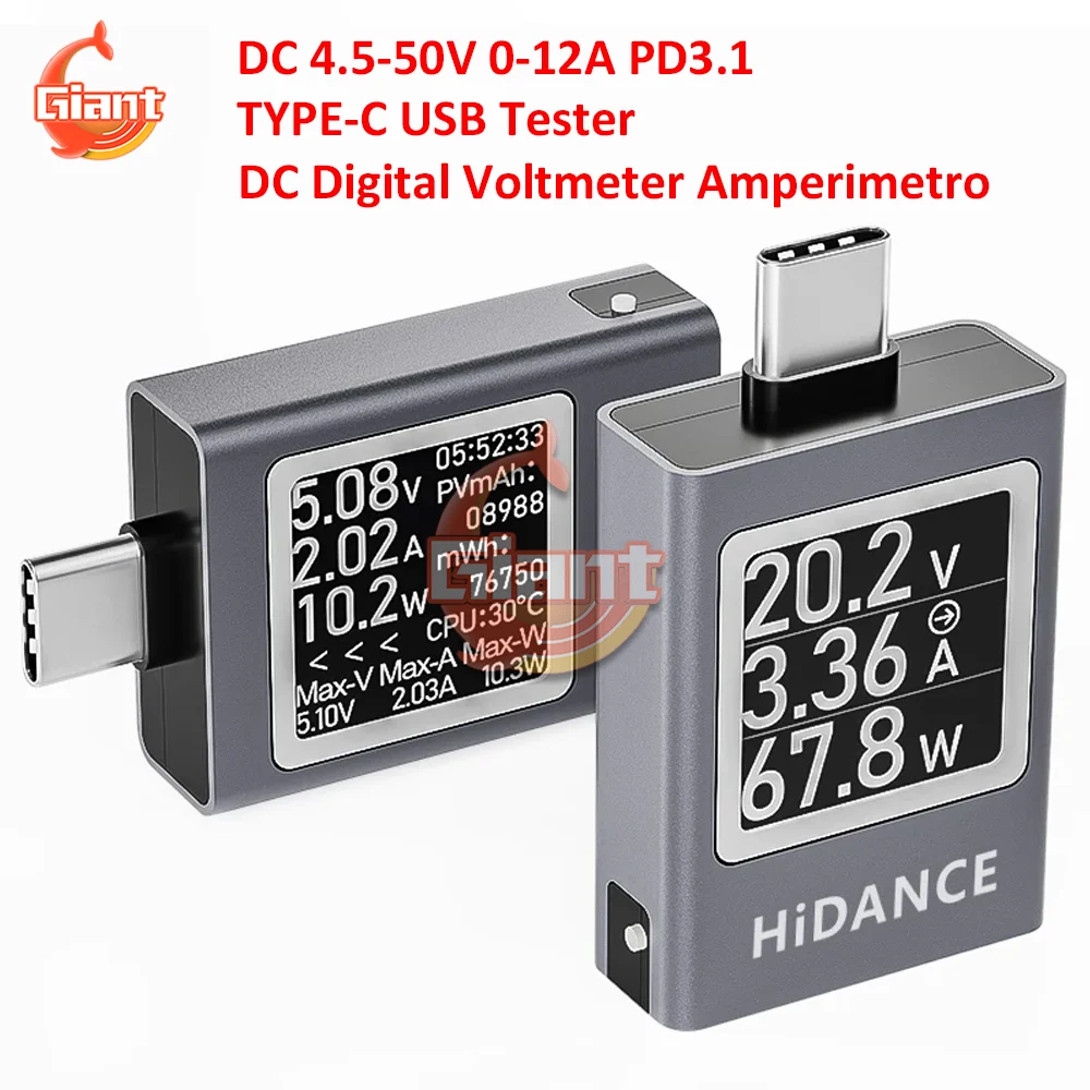 DC 4,5–50 V 0–12 A Typ-C USB-Tester DC Digital Voltmeter Amperemeter Leistungsmesser Typ C Ladekapazität Test Spannung Strommesser