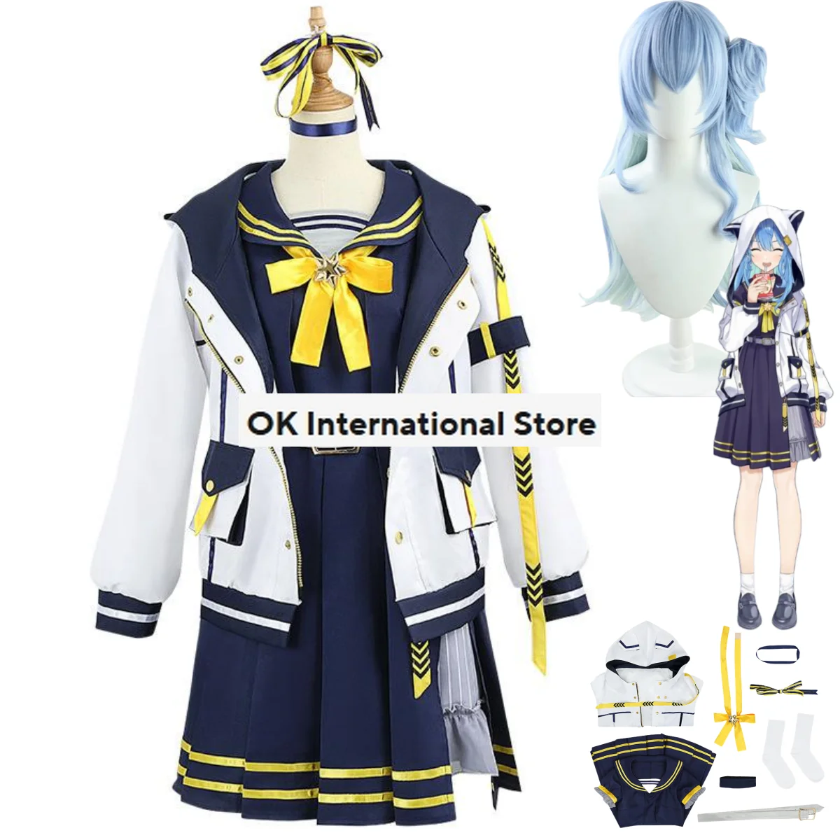 Anime Virtual YouTuber Hosimati Suisei Cosplay Costume Hololive Suisui Wig Hooded Coat JK Uniform Skirt Woman Lovely Party Suit