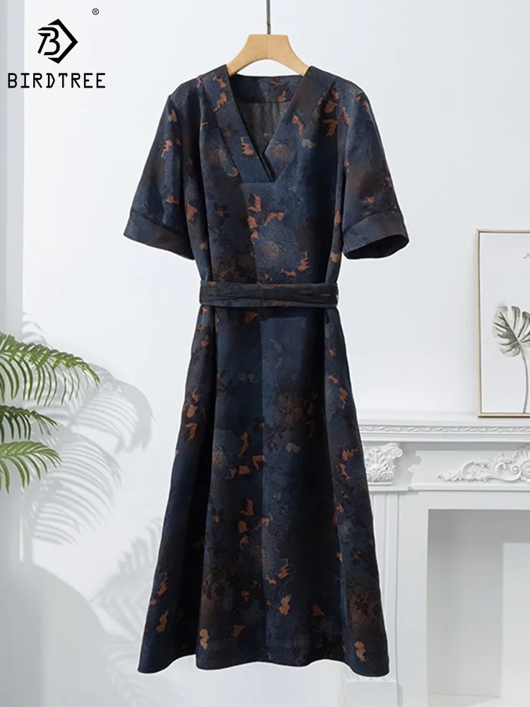 

BirdTree, 100%Real Silk, XiangYunSha Women Dresses, Short Sleeve Floral, Elegant Fashion Dress, 2024 Spring Summer, D42968QM