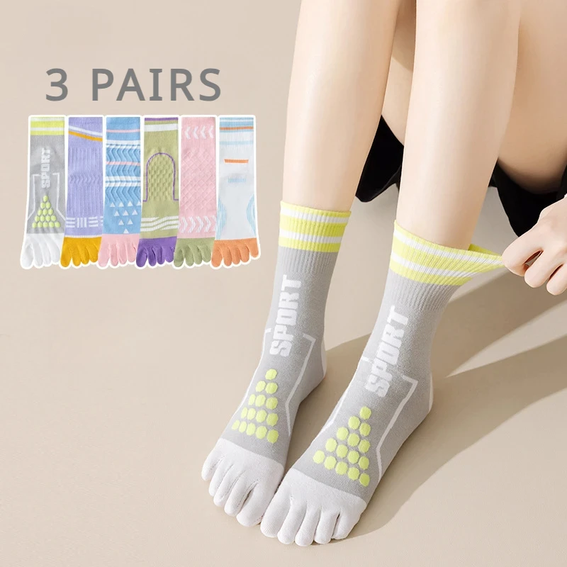 3 Pairs Women Five Finger Compression Socks Middle Tube Crew Toe Socks with Separate Fingers Cotton Sports Gym Running Socks