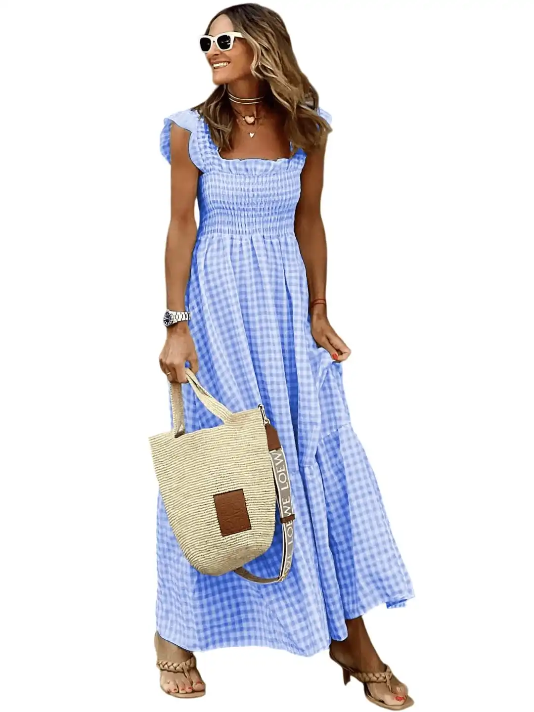 Vêtements d'été pour femmes, Vintage, Plaid froncé, à volants, fines bretelles, robe longue à volants