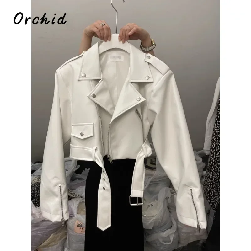 2024 Autumn Winter Women Retro Moto Long Sleeve Single Breasted Fur Top Bike White Outerwear Jacket Zipper Solid Color Faux Coat