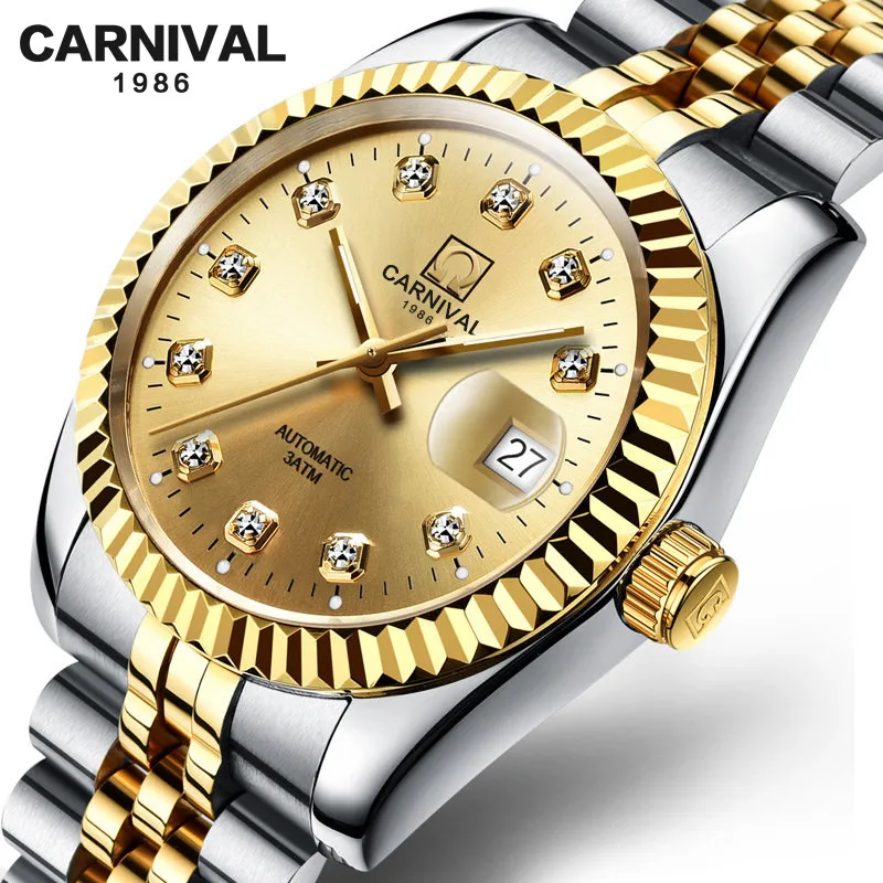 Switzerland CARNIVAL Luxury Brand Automatic Mechanical Women's Watches Sapphire 18K Gold Diamond Waterproof Luminous Clock C8205