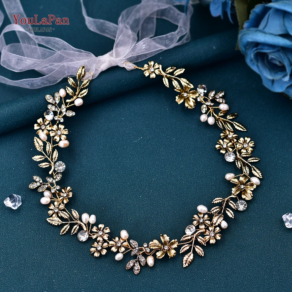 

YouLaPan Bride Gold Color Alloy Leaf Belt Accessories Wedding Evening Banquet Dress Shining Pearl Wedding Dress Sash SH355