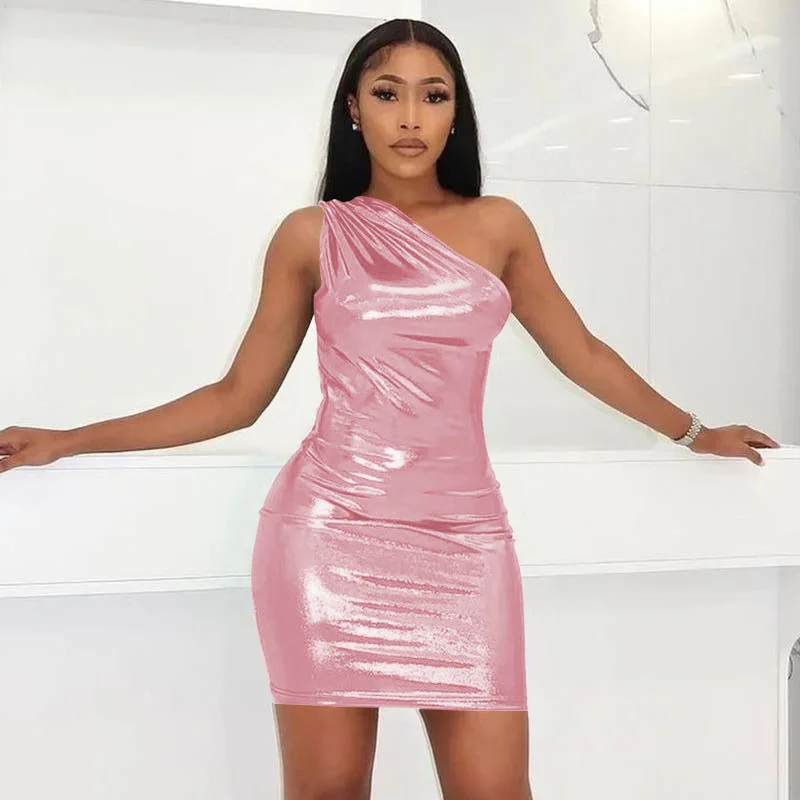 Sexy One-Shoulder-Bodycon-Kleider für Frauen, solides, unregelmäßiges, dünnes Mini-Y2K-Kurz-Minikleid mit Metallic-Vergoldung