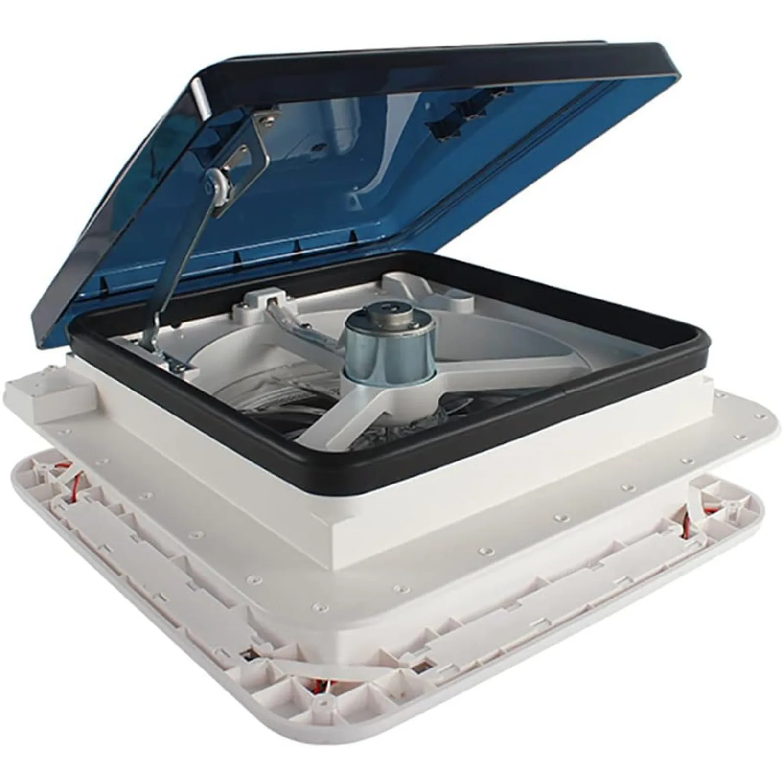 Wentylator dachowy CE 280x280mm do kampera, przyczepy kempingowej, ze stali nierdzewnej, z ochroną przed insektami, wentylator z możliwością zmiany kierunku obrotu, światło LED, energooszczędny.