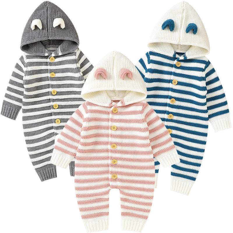 New Children Baby Boy Girl Kids Knitting Long Sleeve Rompers Autumn Winter Baby Boys Girls Cartoon Stripe Hooded Rompers Clothes