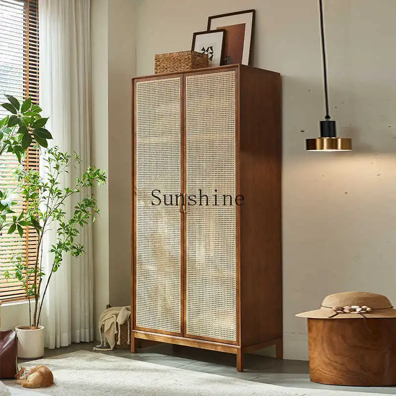 

Nordic solid wood rattan wardrobe Japanese modern home bedroom storage small apartment storage combination